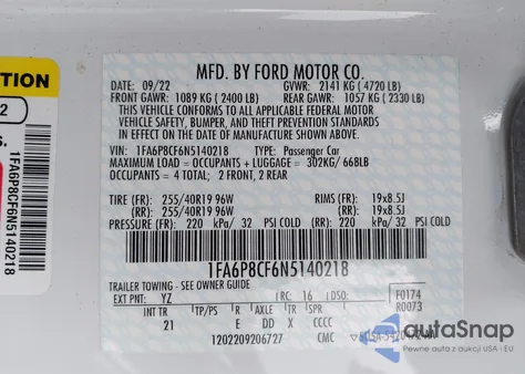 2022 Ford Mustang Gt Fastback из США, поврежденный, VIN 1FA6P8CF6N5140218